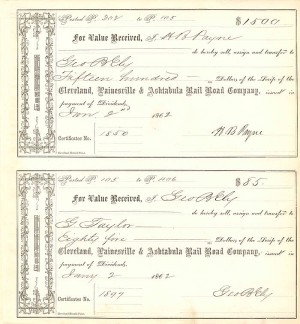 Cleveland, Painesville and Ashtabula Rail Road Co. - H.B. Payne signed Stock Certificate